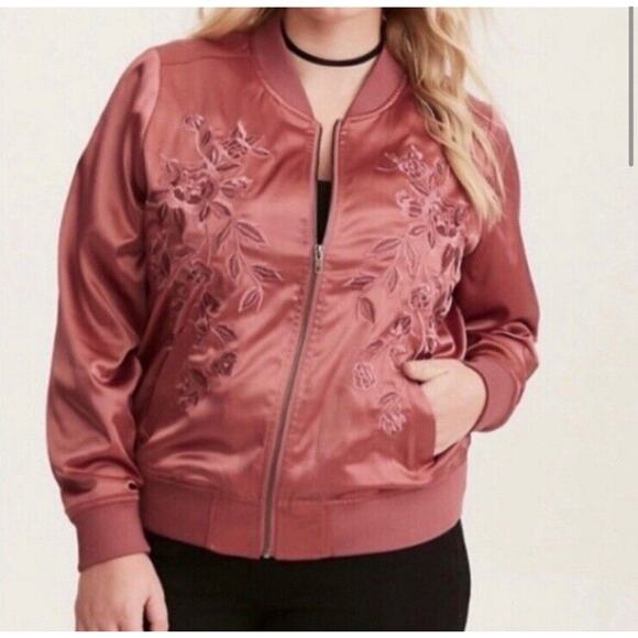 Torrid Satin Zip Bomber‎ Jacket Embroidered Floral Rose Pink Boho Plus Size 1X - Picture 1 of 11